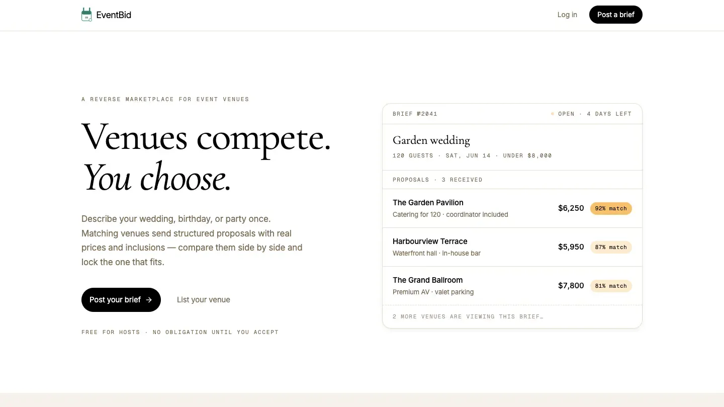 EventBid — let venues bid for your event